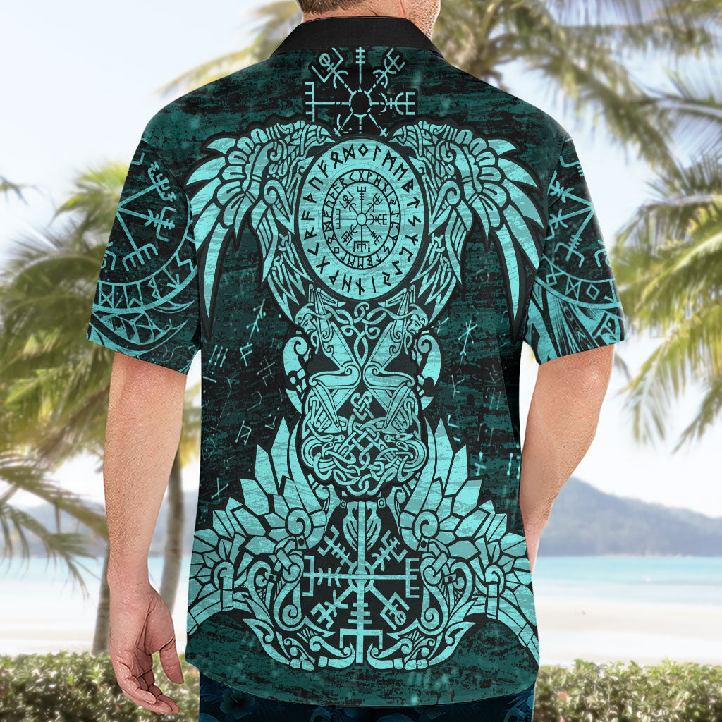 Valknut Ravens and Vegvisir Helm of Awe Hawaiian Shirt Viking Nordic Celtic Knotwork Turquoise Runic Art
