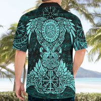 Valknut Ravens and Vegvisir Helm of Awe Hawaiian Shirt Viking Nordic Celtic Knotwork Turquoise Runic Art