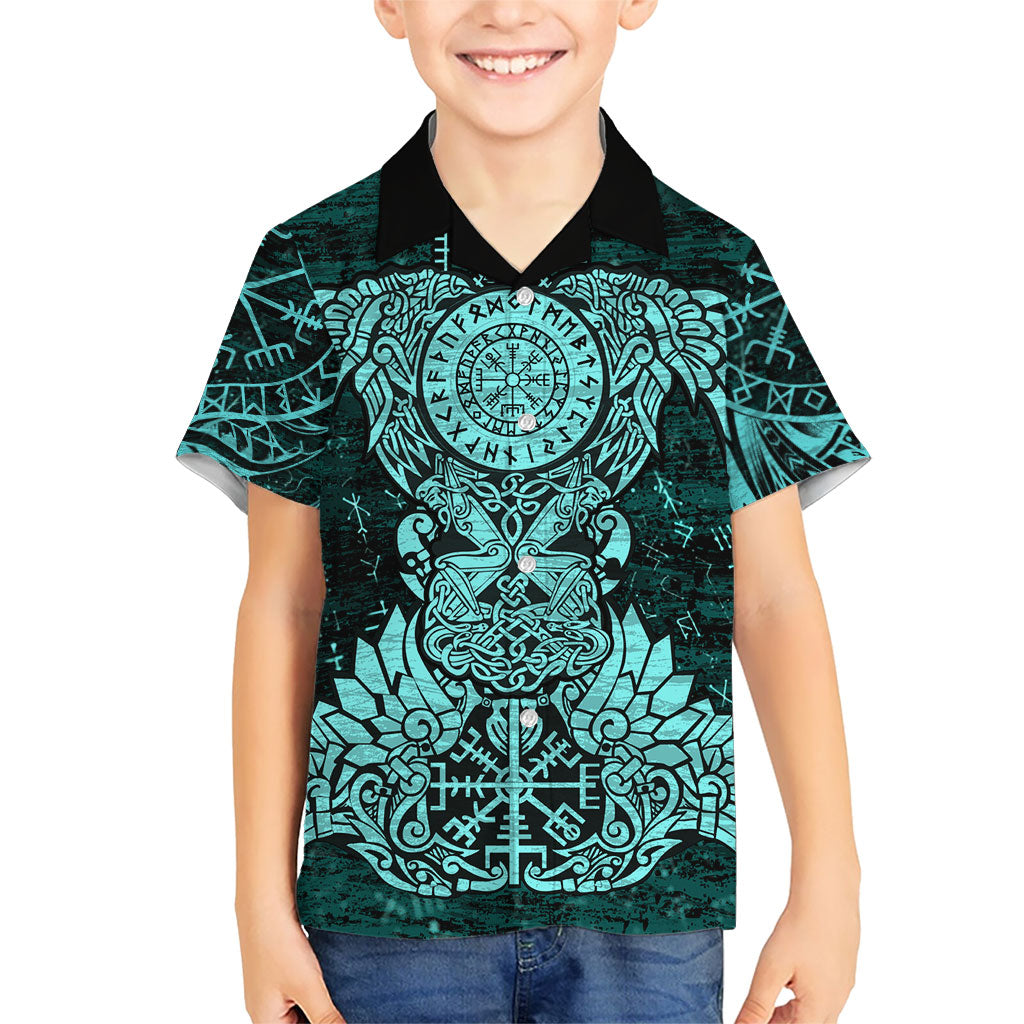 Valknut Ravens and Vegvisir Helm of Awe Hawaiian Shirt Viking Nordic Celtic Knotwork Turquoise Runic Art