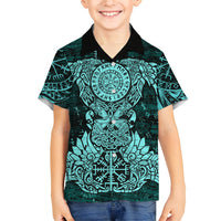 Valknut Ravens and Vegvisir Helm of Awe Hawaiian Shirt Viking Nordic Celtic Knotwork Turquoise Runic Art