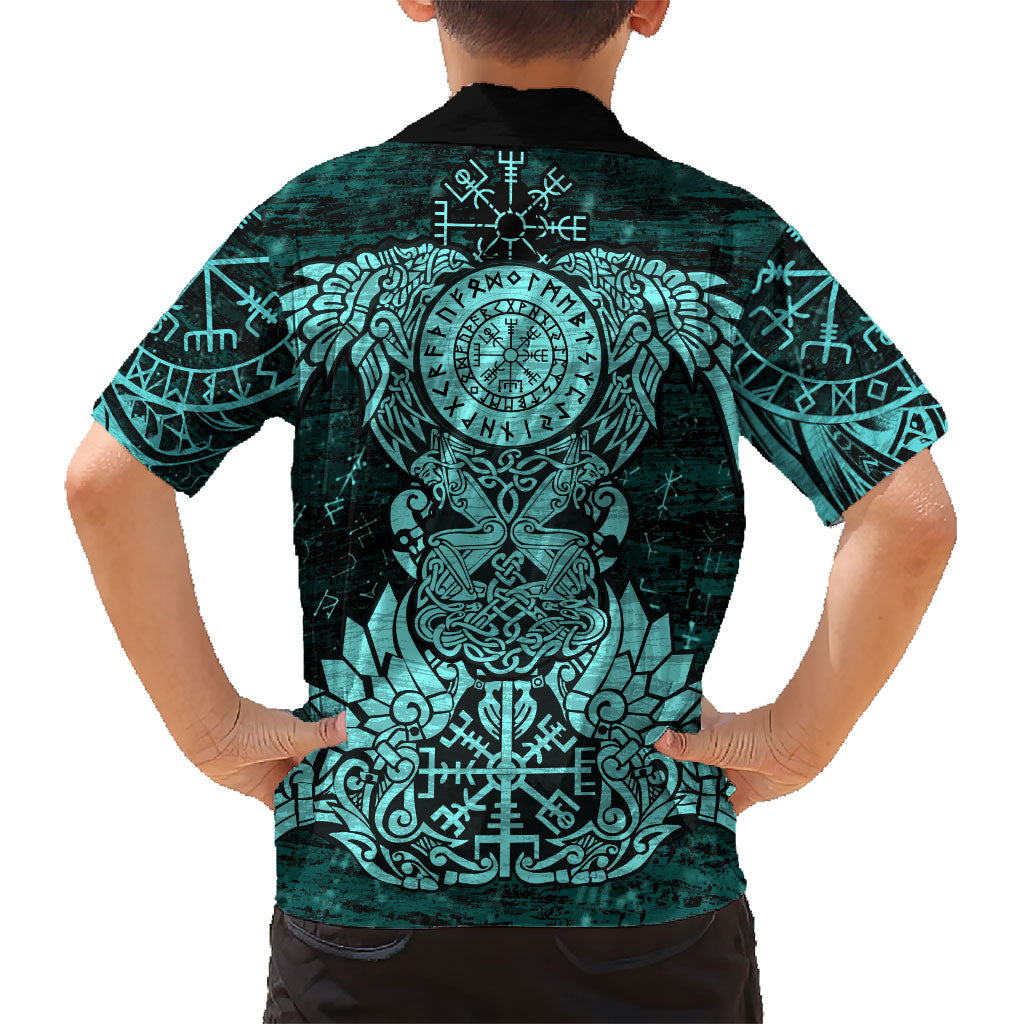 Valknut Ravens and Vegvisir Helm of Awe Hawaiian Shirt Viking Nordic Celtic Knotwork Turquoise Runic Art