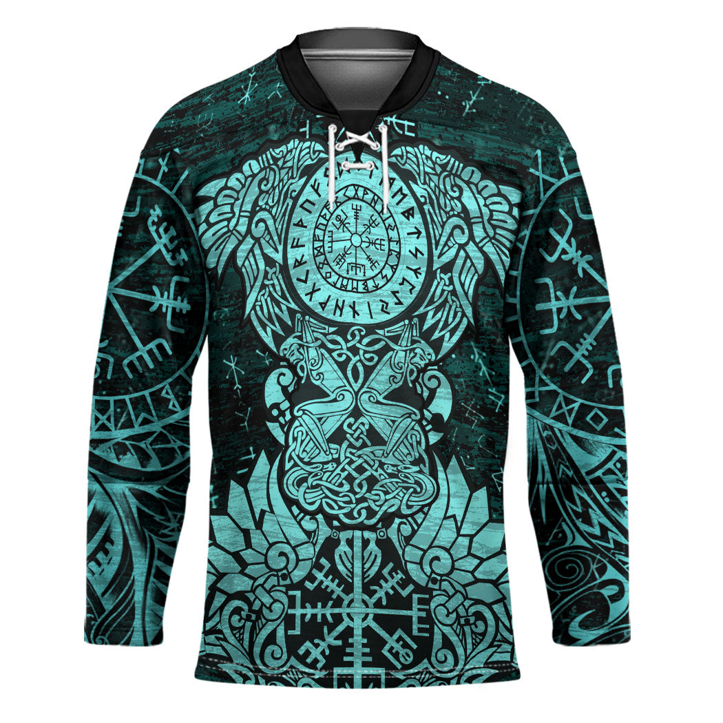 Valknut Ravens and Vegvisir Helm of Awe Hockey Jersey Viking Nordic Celtic Knotwork Turquoise Runic Art