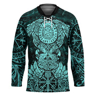 Valknut Ravens and Vegvisir Helm of Awe Hockey Jersey Viking Nordic Celtic Knotwork Turquoise Runic Art