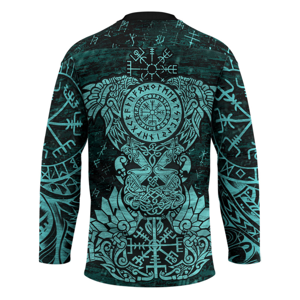 Valknut Ravens and Vegvisir Helm of Awe Hockey Jersey Viking Nordic Celtic Knotwork Turquoise Runic Art