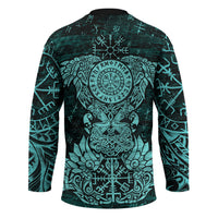 Valknut Ravens and Vegvisir Helm of Awe Hockey Jersey Viking Nordic Celtic Knotwork Turquoise Runic Art