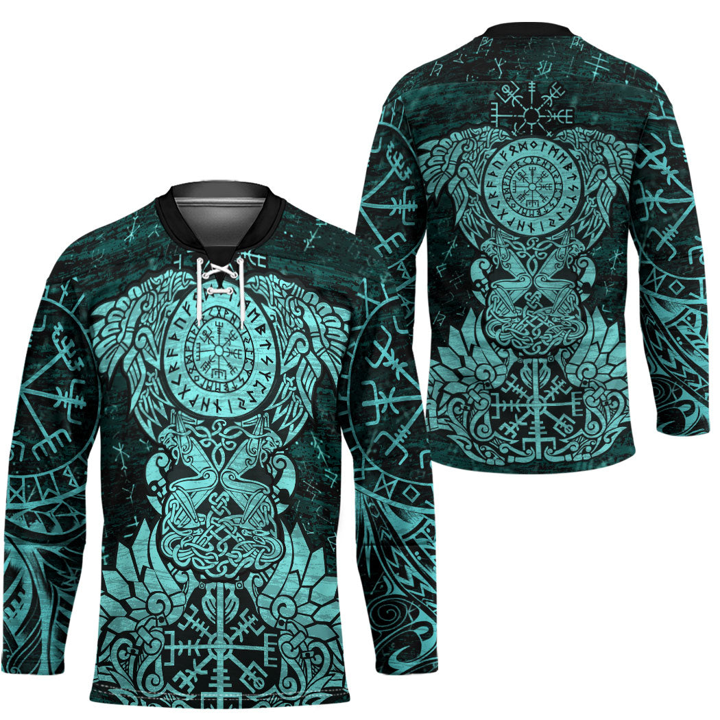 Valknut Ravens and Vegvisir Helm of Awe Hockey Jersey Viking Nordic Celtic Knotwork Turquoise Runic Art