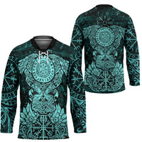 Valknut Ravens and Vegvisir Helm of Awe Hockey Jersey Viking Nordic Celtic Knotwork Turquoise Runic Art