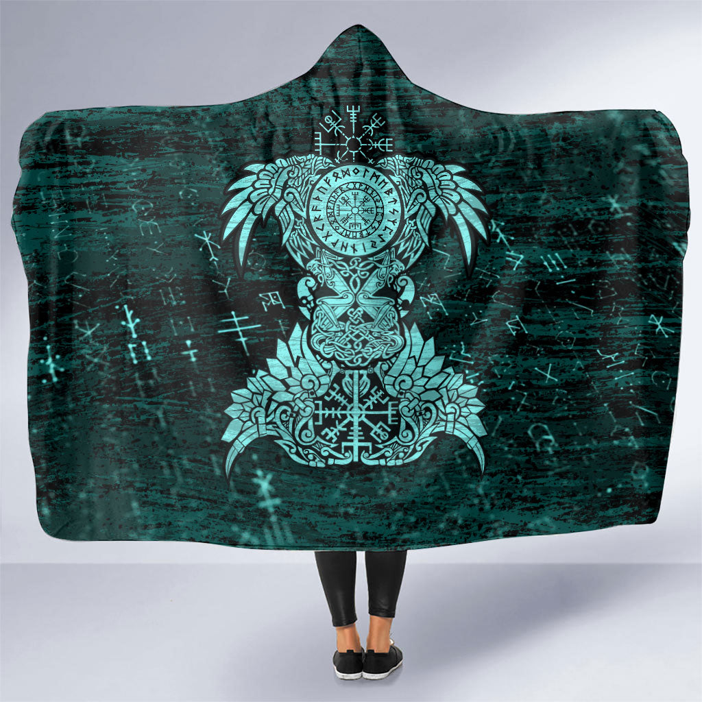 Valknut Ravens and Vegvisir Helm of Awe Hooded Blanket Viking Nordic Celtic Knotwork Turquoise Runic Art