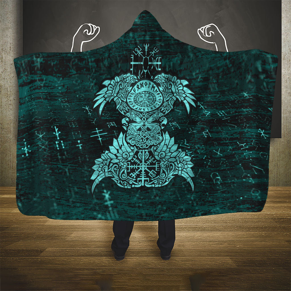 Valknut Ravens and Vegvisir Helm of Awe Hooded Blanket Viking Nordic Celtic Knotwork Turquoise Runic Art