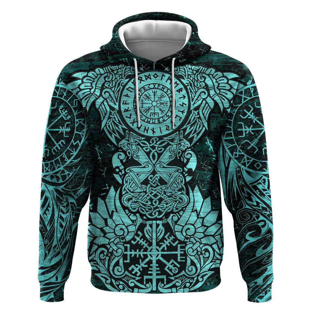 Valknut Ravens and Vegvisir Helm of Awe Hoodie Viking Nordic Celtic Knotwork Turquoise Runic Art