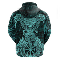 Valknut Ravens and Vegvisir Helm of Awe Hoodie Viking Nordic Celtic Knotwork Turquoise Runic Art