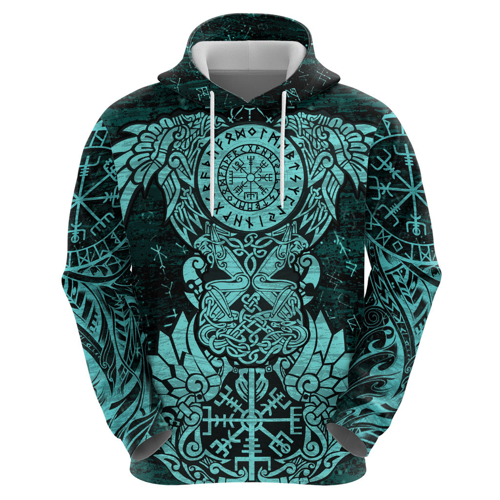 Valknut Ravens and Vegvisir Helm of Awe Hoodie Viking Nordic Celtic Knotwork Turquoise Runic Art