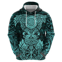 Valknut Ravens and Vegvisir Helm of Awe Hoodie Viking Nordic Celtic Knotwork Turquoise Runic Art