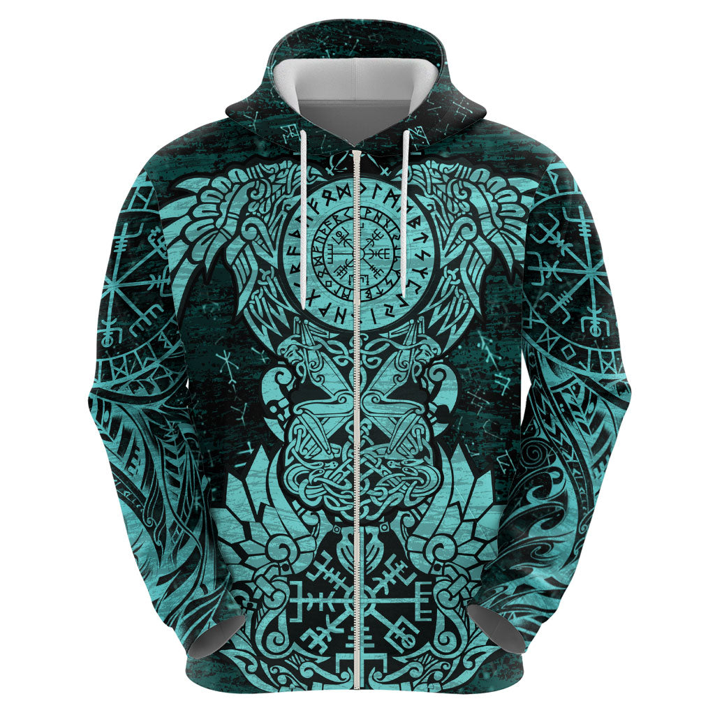 Valknut Ravens and Vegvisir Helm of Awe Hoodie Viking Nordic Celtic Knotwork Turquoise Runic Art