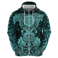 Valknut Ravens and Vegvisir Helm of Awe Hoodie Viking Nordic Celtic Knotwork Turquoise Runic Art