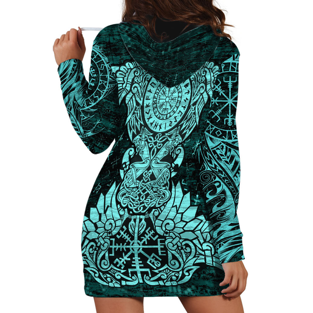 Valknut Ravens and Vegvisir Helm of Awe Hoodie Dress Viking Nordic Celtic Knotwork Turquoise Runic Art