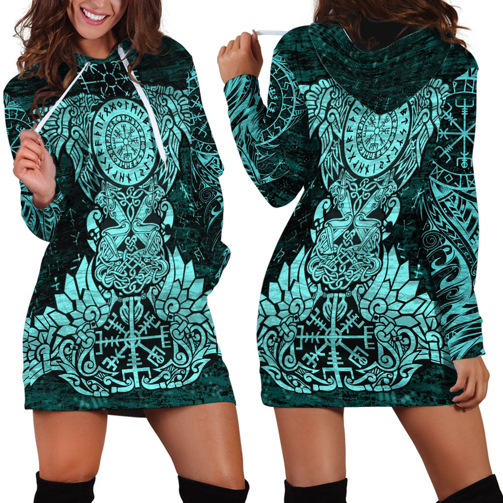 Valknut Ravens and Vegvisir Helm of Awe Hoodie Dress Viking Nordic Celtic Knotwork Turquoise Runic Art