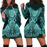 Valknut Ravens and Vegvisir Helm of Awe Hoodie Dress Viking Nordic Celtic Knotwork Turquoise Runic Art