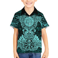 Valknut Ravens and Vegvisir Helm of Awe Kid Hawaiian Shirt Viking Nordic Celtic Knotwork Turquoise Runic Art
