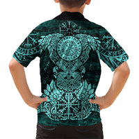 Valknut Ravens and Vegvisir Helm of Awe Kid Hawaiian Shirt Viking Nordic Celtic Knotwork Turquoise Runic Art