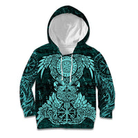 Valknut Ravens and Vegvisir Helm of Awe Kid Hoodie Viking Nordic Celtic Knotwork Turquoise Runic Art