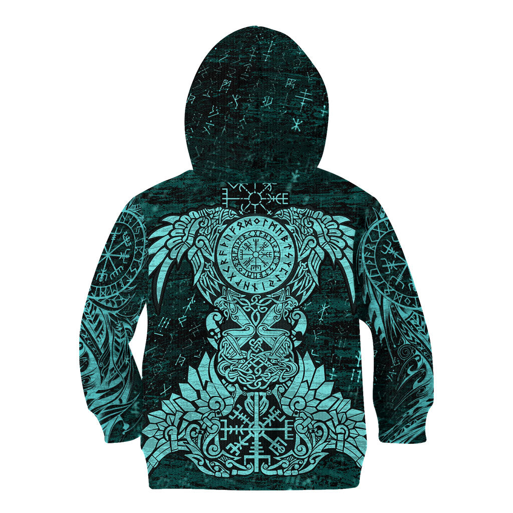 Valknut Ravens and Vegvisir Helm of Awe Kid Hoodie Viking Nordic Celtic Knotwork Turquoise Runic Art