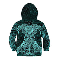 Valknut Ravens and Vegvisir Helm of Awe Kid Hoodie Viking Nordic Celtic Knotwork Turquoise Runic Art