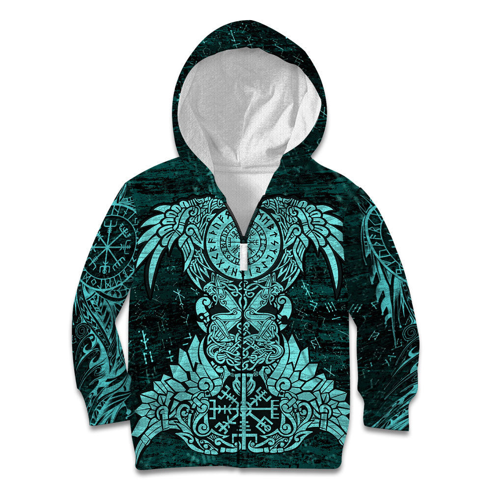 Valknut Ravens and Vegvisir Helm of Awe Kid Hoodie Viking Nordic Celtic Knotwork Turquoise Runic Art