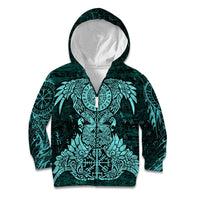 Valknut Ravens and Vegvisir Helm of Awe Kid Hoodie Viking Nordic Celtic Knotwork Turquoise Runic Art