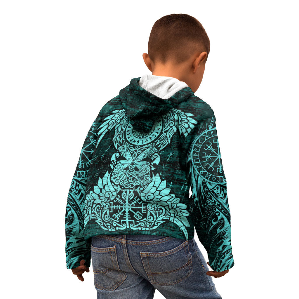 Valknut Ravens and Vegvisir Helm of Awe Kid Hoodie Viking Nordic Celtic Knotwork Turquoise Runic Art