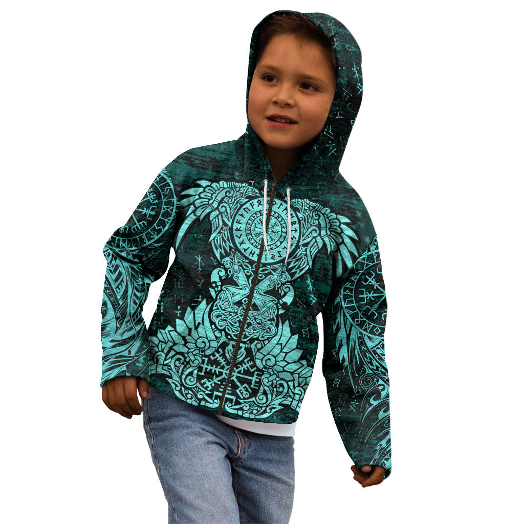 Valknut Ravens and Vegvisir Helm of Awe Kid Hoodie Viking Nordic Celtic Knotwork Turquoise Runic Art