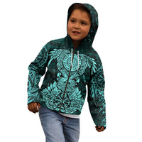 Valknut Ravens and Vegvisir Helm of Awe Kid Hoodie Viking Nordic Celtic Knotwork Turquoise Runic Art