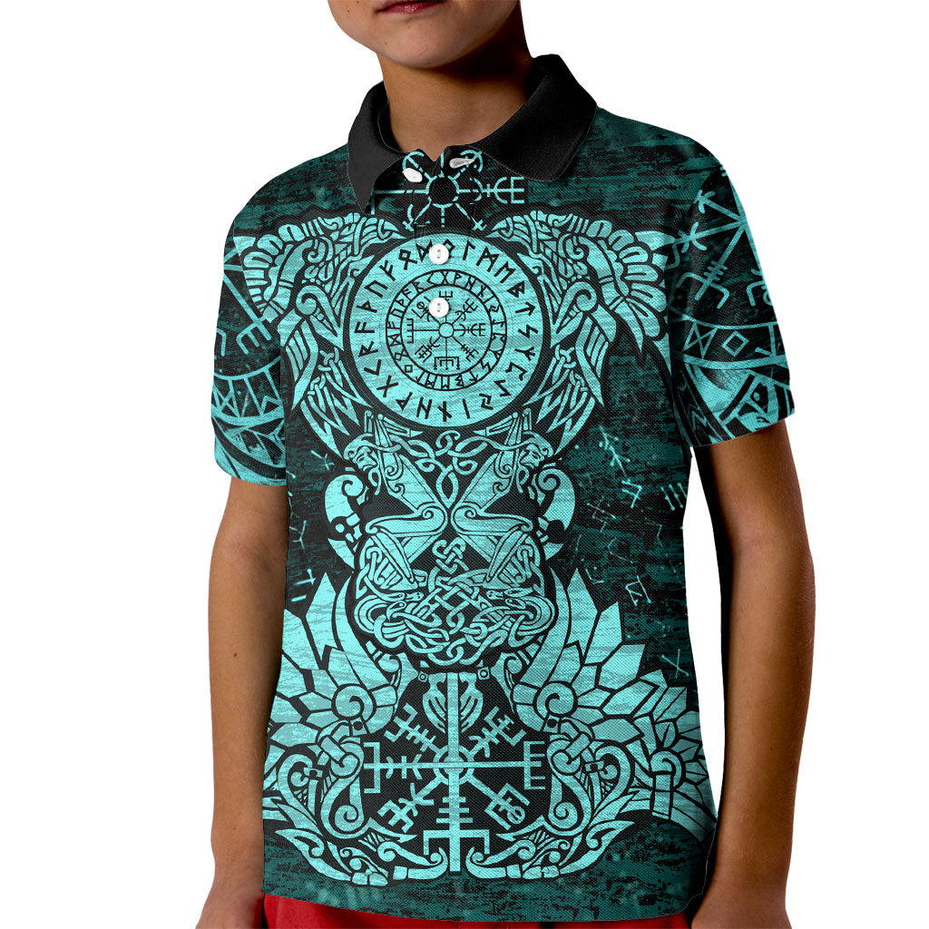 Valknut Ravens and Vegvisir Helm of Awe Kid Polo Shirt Viking Nordic Celtic Knotwork Turquoise Runic Art