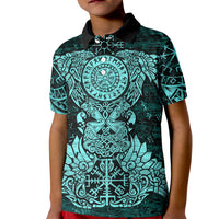 Valknut Ravens and Vegvisir Helm of Awe Kid Polo Shirt Viking Nordic Celtic Knotwork Turquoise Runic Art