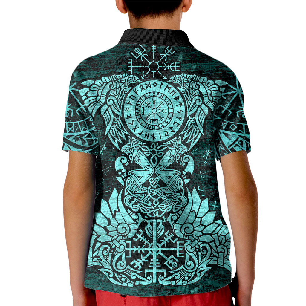 Valknut Ravens and Vegvisir Helm of Awe Kid Polo Shirt Viking Nordic Celtic Knotwork Turquoise Runic Art