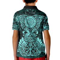 Valknut Ravens and Vegvisir Helm of Awe Kid Polo Shirt Viking Nordic Celtic Knotwork Turquoise Runic Art