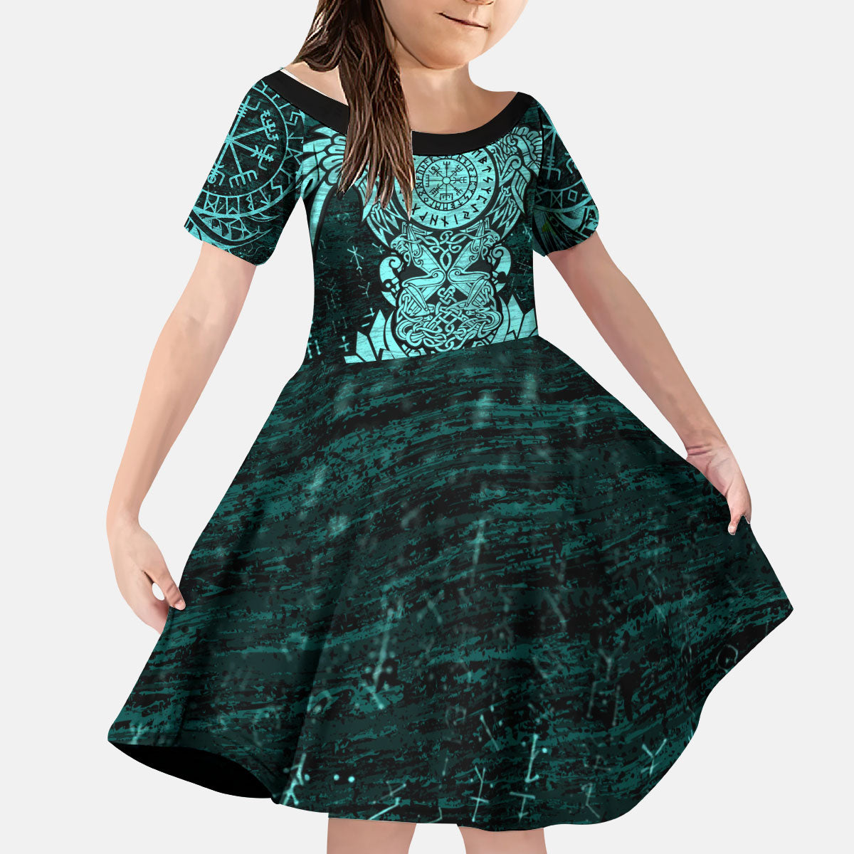 Valknut Ravens and Vegvisir Helm of Awe Kid Short Sleeve Dress Viking Nordic Celtic Knotwork Turquoise Runic Art