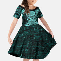 Valknut Ravens and Vegvisir Helm of Awe Kid Short Sleeve Dress Viking Nordic Celtic Knotwork Turquoise Runic Art