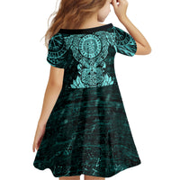 Valknut Ravens and Vegvisir Helm of Awe Kid Short Sleeve Dress Viking Nordic Celtic Knotwork Turquoise Runic Art