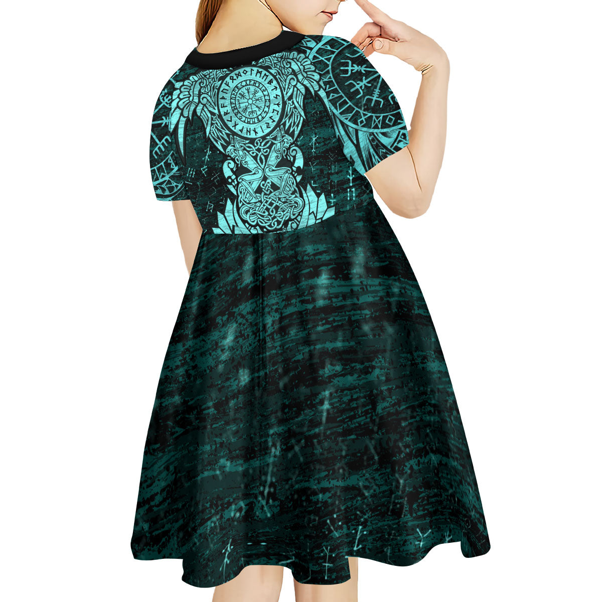Valknut Ravens and Vegvisir Helm of Awe Kid Short Sleeve Dress Viking Nordic Celtic Knotwork Turquoise Runic Art