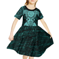 Valknut Ravens and Vegvisir Helm of Awe Kid Short Sleeve Dress Viking Nordic Celtic Knotwork Turquoise Runic Art
