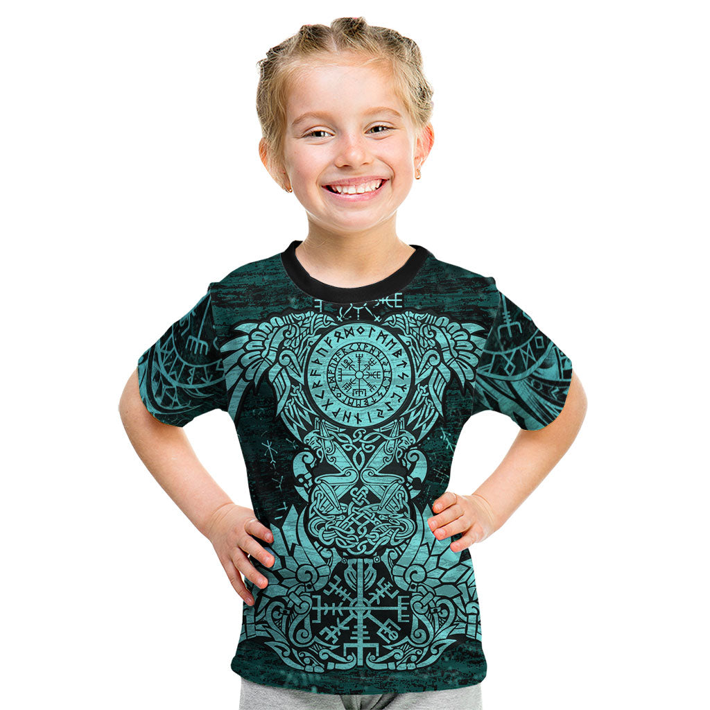 Valknut Ravens and Vegvisir Helm of Awe Kid T Shirt Viking Nordic Celtic Knotwork Turquoise Runic Art