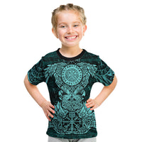 Valknut Ravens and Vegvisir Helm of Awe Kid T Shirt Viking Nordic Celtic Knotwork Turquoise Runic Art
