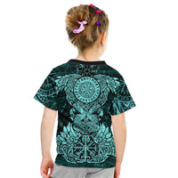 Valknut Ravens and Vegvisir Helm of Awe Kid T Shirt Viking Nordic Celtic Knotwork Turquoise Runic Art