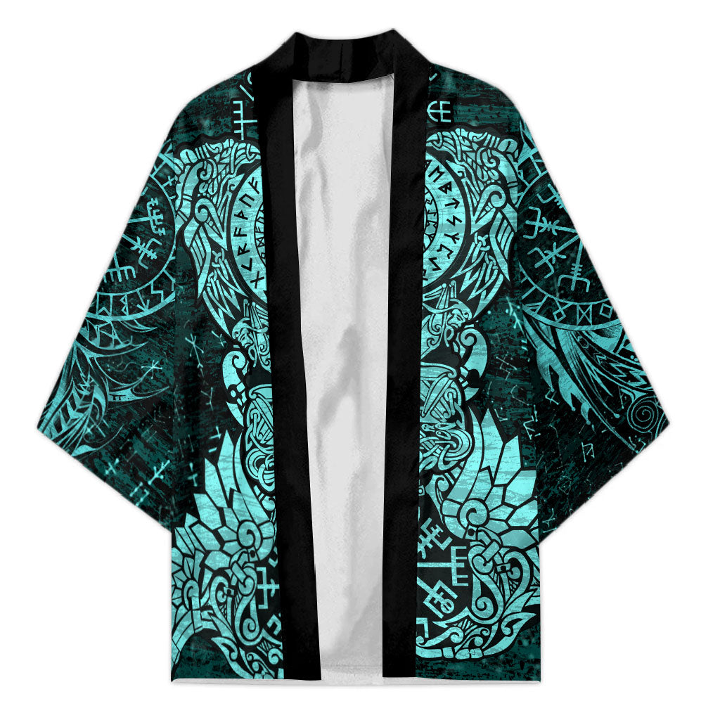 Valknut Ravens and Vegvisir Helm of Awe Kimono Viking Nordic Celtic Knotwork Turquoise Runic Art