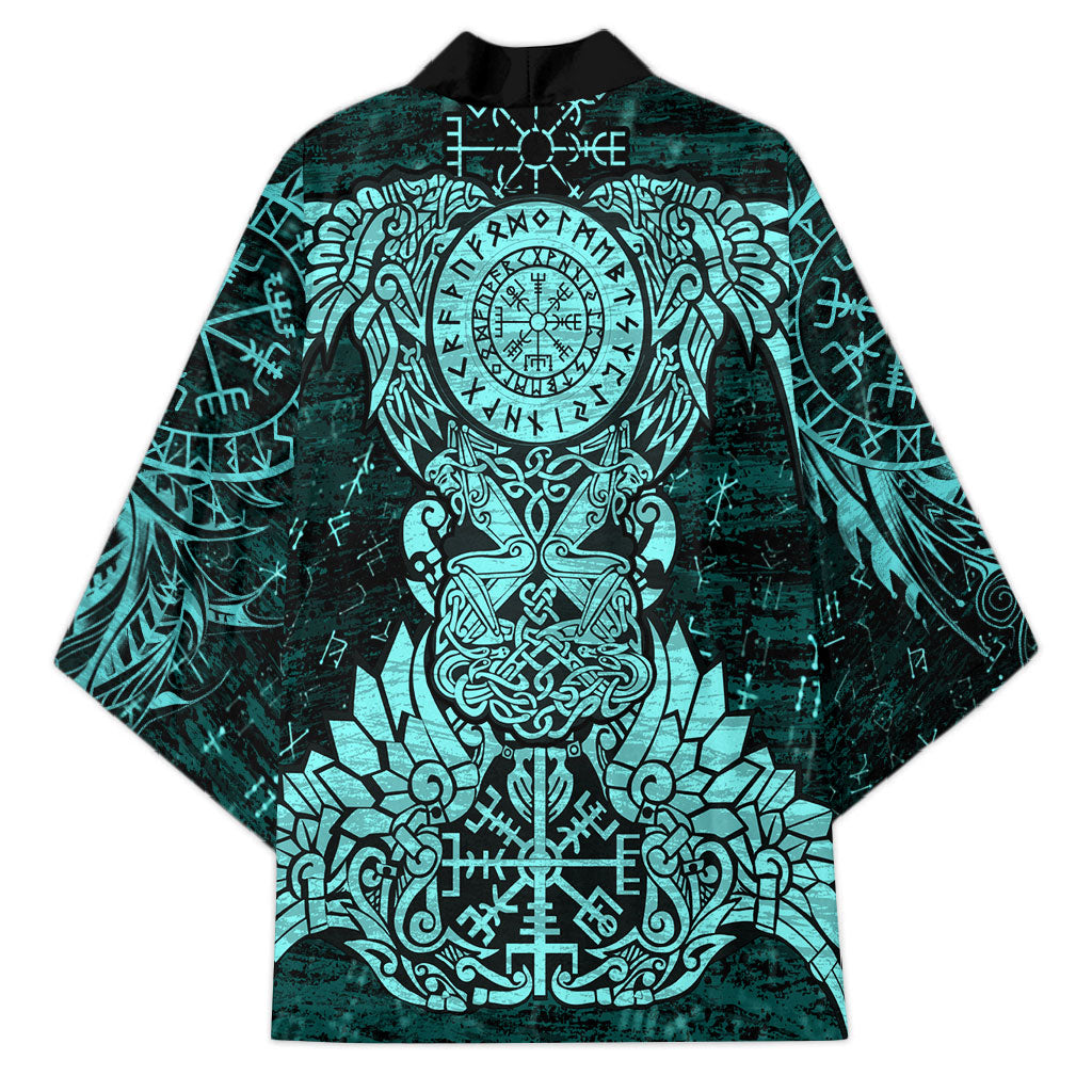 Valknut Ravens and Vegvisir Helm of Awe Kimono Viking Nordic Celtic Knotwork Turquoise Runic Art