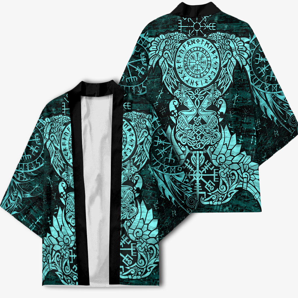 Valknut Ravens and Vegvisir Helm of Awe Kimono Viking Nordic Celtic Knotwork Turquoise Runic Art