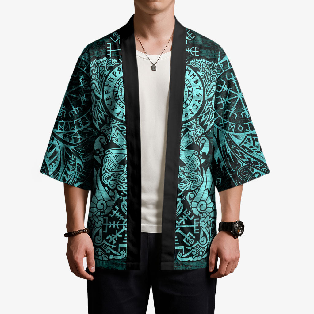 Valknut Ravens and Vegvisir Helm of Awe Kimono Viking Nordic Celtic Knotwork Turquoise Runic Art