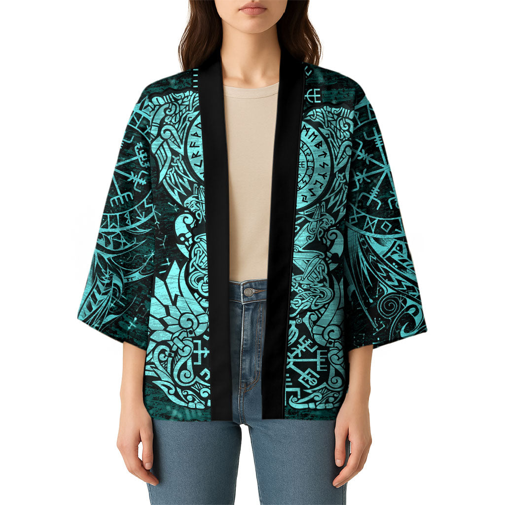 Valknut Ravens and Vegvisir Helm of Awe Kimono Viking Nordic Celtic Knotwork Turquoise Runic Art