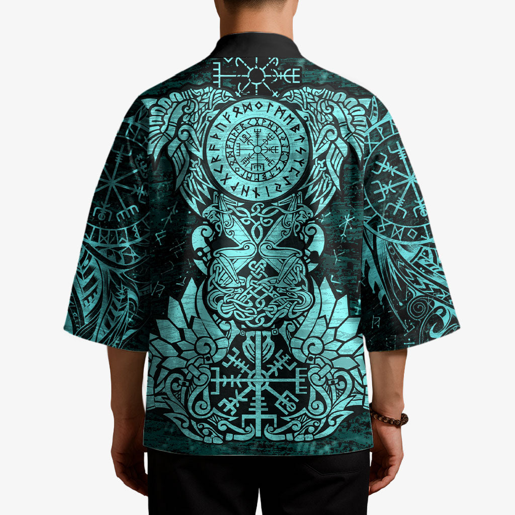 Valknut Ravens and Vegvisir Helm of Awe Kimono Viking Nordic Celtic Knotwork Turquoise Runic Art